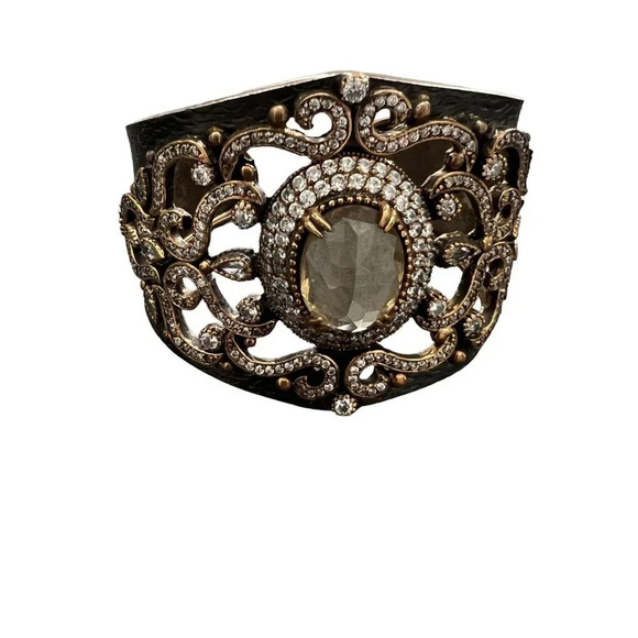 Designer Handcrafted Oxidized Sterling Silver Crystal Embellished Cuff - Picture 2 of 11